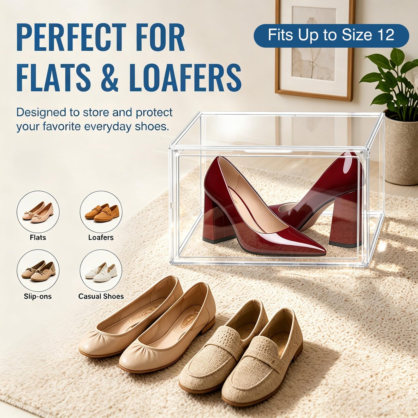 DAYOOH Low Profile Clear Shoe Storage Box for Flats,Loafers &Small Spaces
