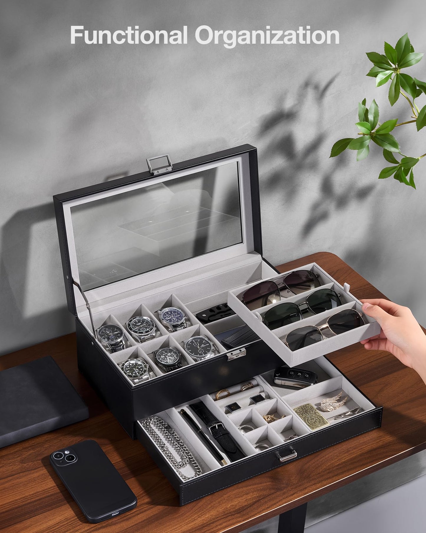 ProCase Mens Jewelry Box, Lockable 6 Slot Watch Case & 3 Slot Sunglasses Organizer, 2-layer Mens Jewelry Organizer Watch Box for Men, Watches Holder Display Storage, Fathers Day Gift -Black