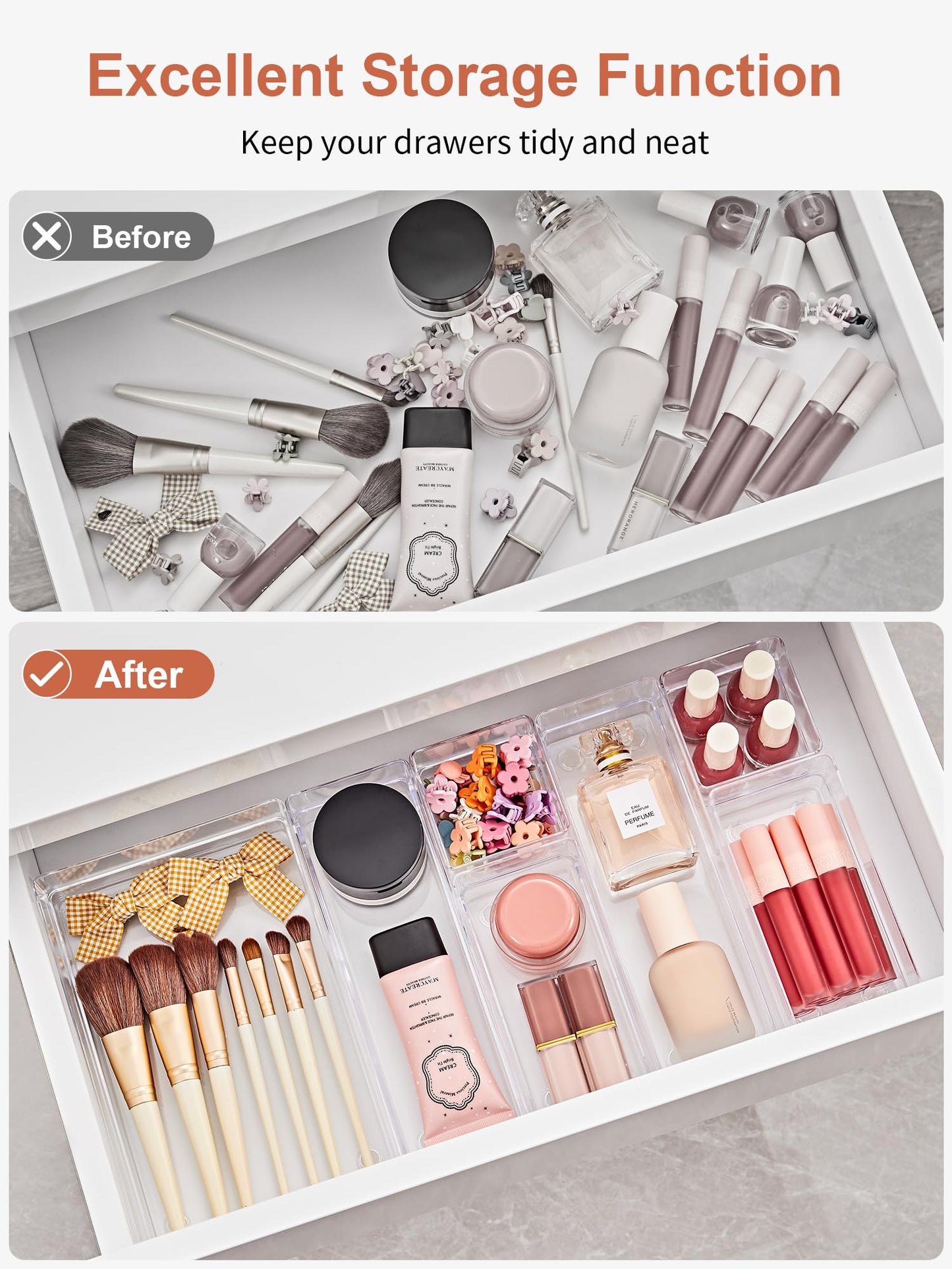 SMARTAKE 37-Piece Drawer Organizer with Non-Slip Silicone Pads, 4-Size Desk Drawer Organizer Trays Storage Tray for Makeup, Jewelries, Utensils in Bedroom Dresser, Office and Kitchen (Clear)