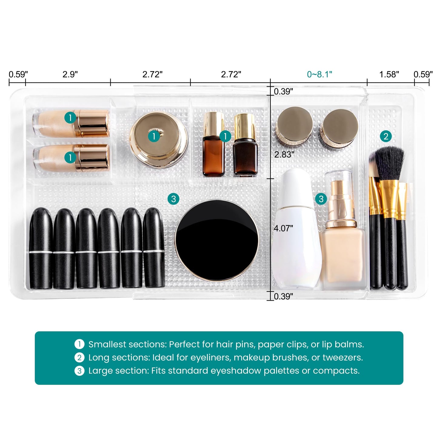 Oubonun Expandable Drawer Organizer 11.1” to 19.2” Width, Shallow Cosmetic Organizer 1.3” Height, 4 Packs, Clear Plastic Storage Trays for Dressing Table,Bathroom