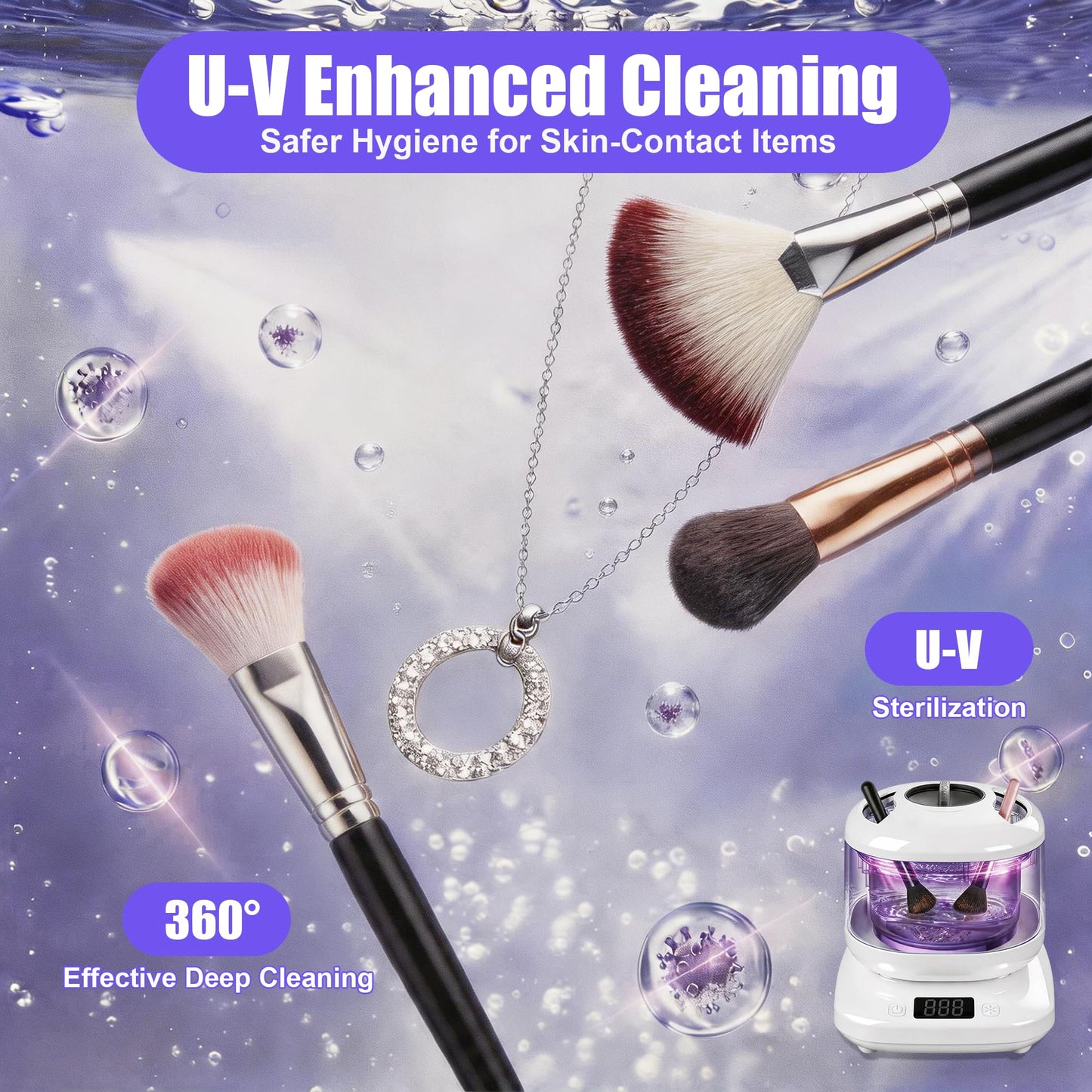 Ultrasonic Makeup Brush Cleaner Electric Machine with U-V, Automatic Cosmetic Brushs Washer Portable Deep Cleaning for Beauty Makeup Brush Set, Blush Brush, 4 Modes with Visible Window Digital Timer