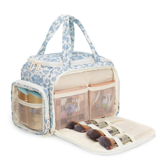 WGEAR Travel Makeup Bag, Lightweight Wide-open Toiletries Bag for Women, Large Cosmetic Organizer Bag with Makeup Brushes Compartment for Travel-Sized Essentials for Trip, Camping - Blue Flower