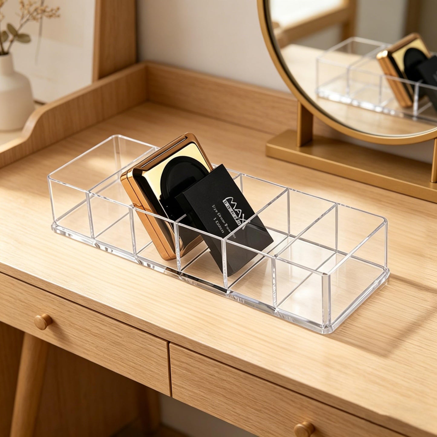 DYMSUP 6-Compartment Clear Acrylic Organizer with Detachable Dividers, Eyeshadow Palette & Cosmetic Holder for Vanity Drawer, Cosmetic Station & Makeup Desktop