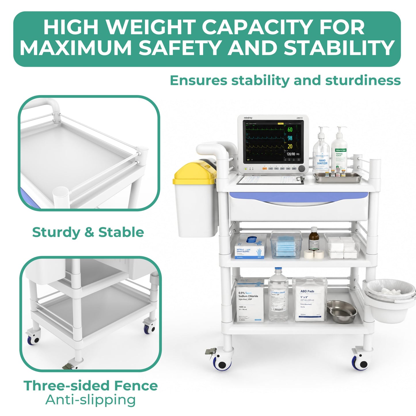 Bravique 3-Tier Workstation Cart with XL Divided Drawer & 2 Flip-Top Bins, Rolling Utility Cart for Clinics, Labs, Treatment Rooms, Spa & Salon, Quiet Lockable Wheels (3-Tier White)