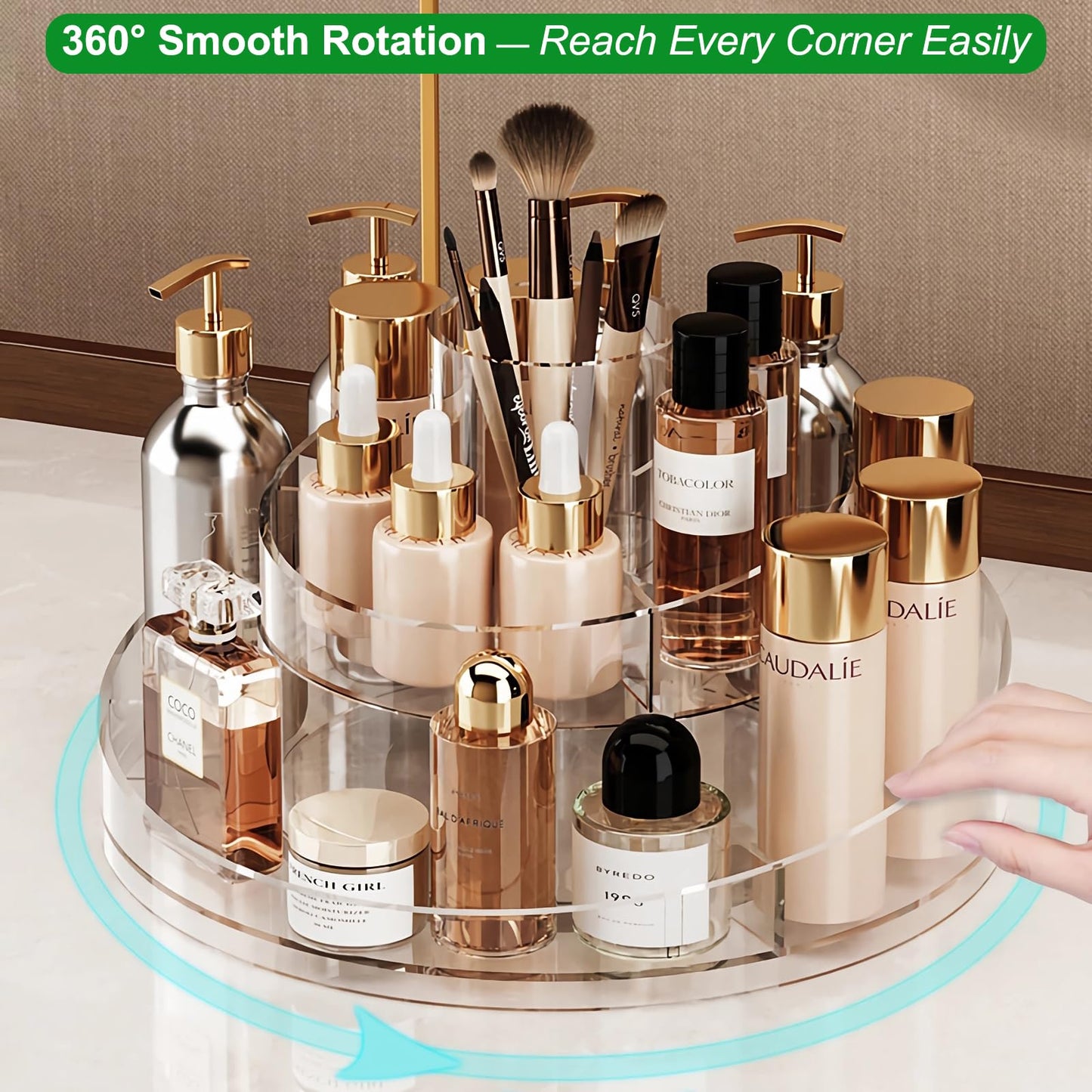 Taiuloo 360 Rotating Makeup Organizer, Clear Acrylic Lazy Susan Cosmetic Storage Turntable for Skincare, Perfume & Lipstick, Round Spinning Tray with Brush Holder for Vanity, Bathroom