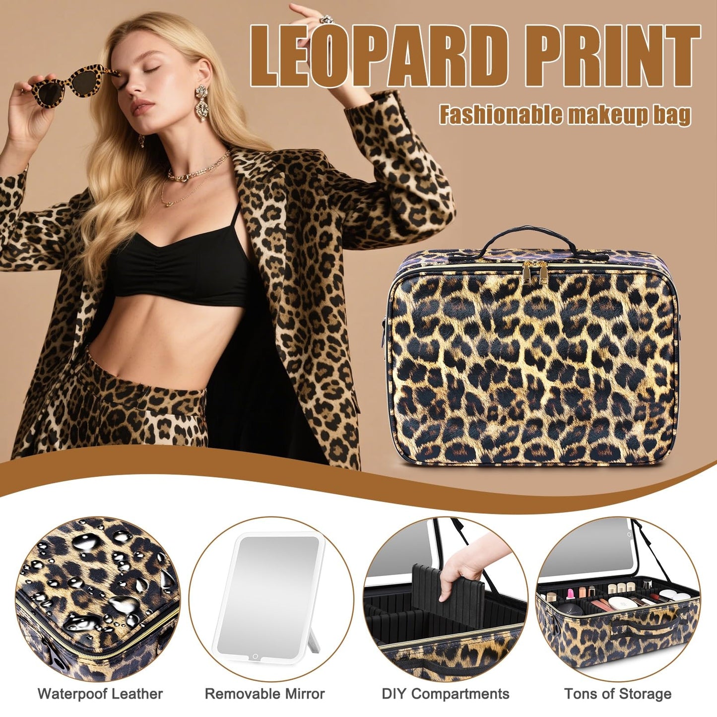 saiggnyy Large Travel Makeup Bag with LED Mirror, 3-Color Stepless Dimming Stand Mirror Detachable, with Adjustable Divider, Makeup Brush Holder Storage (Leopard)