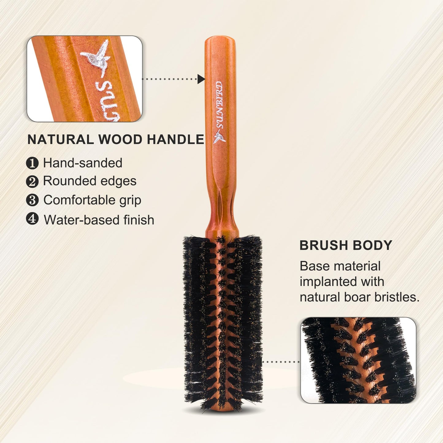 SUNBIRD Boar Bristle Round Hair Brush, 2.0 Inch