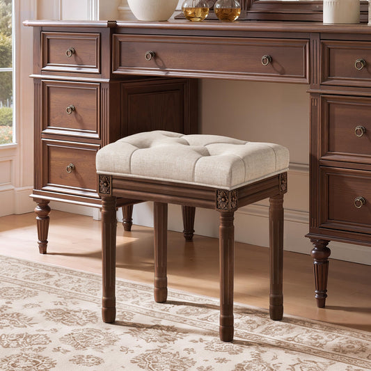LUE BONA French Vintage Vanity Bench with Carved Dark Brown Wood Legs - Soft Tufted Linen Vanity Stool for Makeup Room, Bathroom, Bedroom, 300lbs Capacity, Linen Color