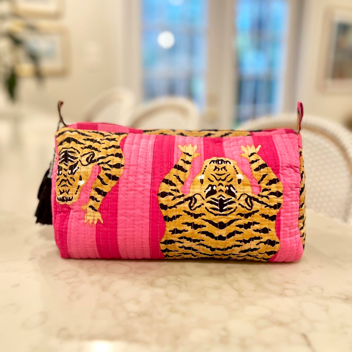 Palmetto Home Block Print Makeup Bag & Toiletry Pouch – Quilted Cotton Cosmetic Bag for Travel, Artisan Handmade Organizer for Women, Giftable (Pink Tiger)