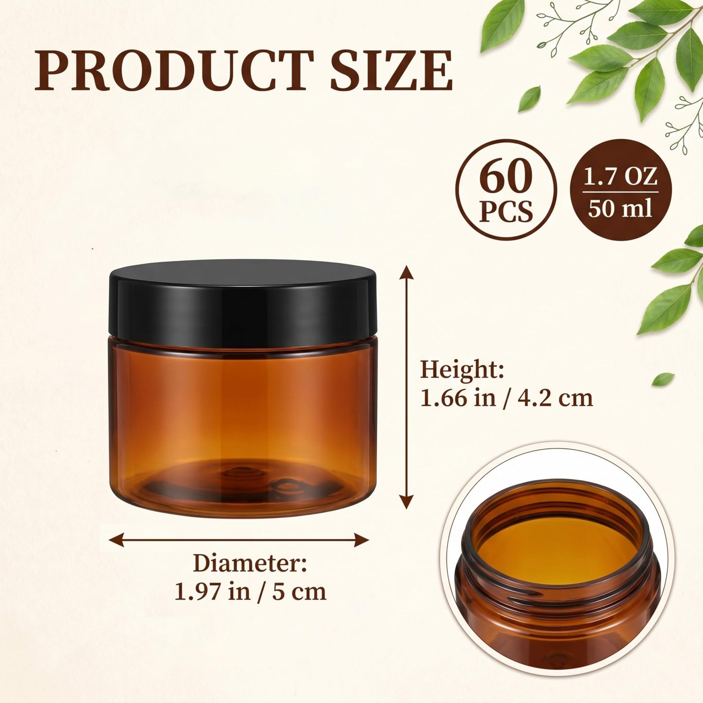 60 Pcs 1.7 oz Amber Plastic Cosmetic Jars with Lids, Leak-Proof Airtight Refillable Containers for Cream, Lotion, Powder, Ointment, Beauty Products, Travel Storage