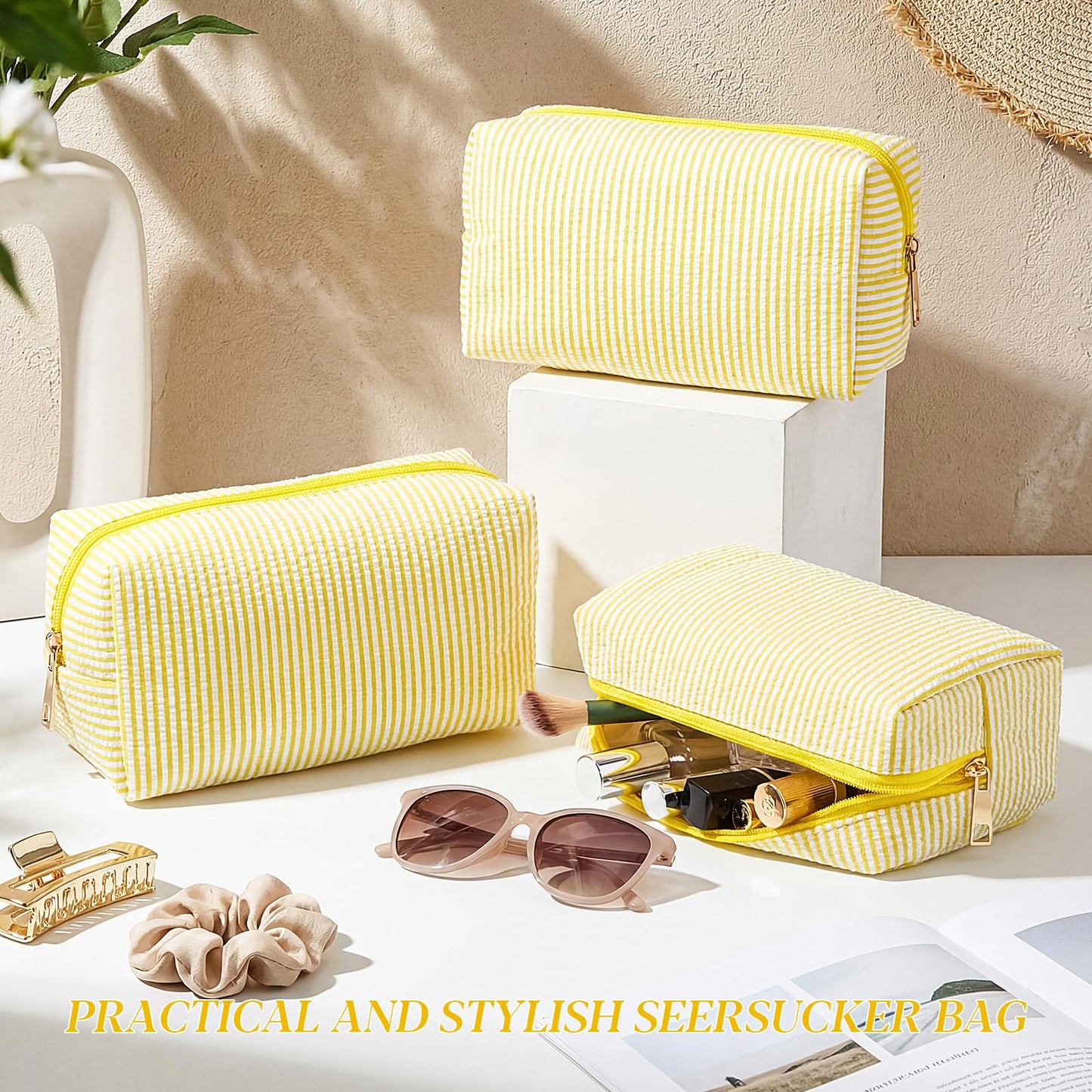 Sanwuta 6 Pcs Seersucker Cosmetic Bags Bulk Seersucker Makeup Bags Stripe Women Pouch Large Preppy Storage Pouch Toiletry Travel Organizer for Wedding Bridesmaid Bride Favor Mom Gift (Yellow)