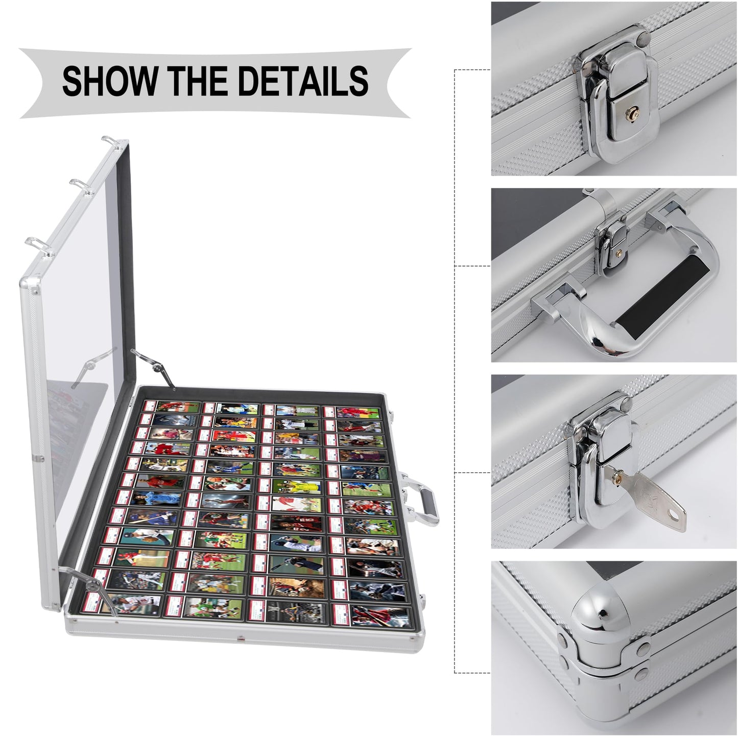 QTYORD Card Display Case, Aluminum 34" L x 22" W Glass Display Case for Cards, XL Large Table Top Display Case with Lock, Portable Trade Show for Jewelry MTG Cards Collectible Cards