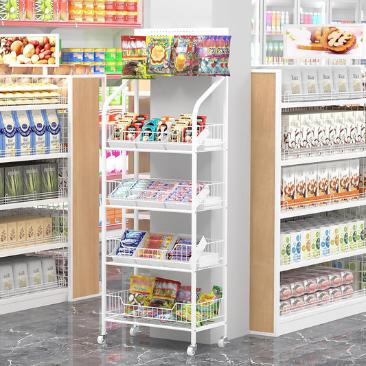 4-Tier Retail Snack Display Rack, Metal Candy Potato Chip Display Shelf with Wheels & Hooks, Free-Standing Snack Shelf Organizer for Store, Supermarket, Convenience Shop, Pantry & Kitchen, White