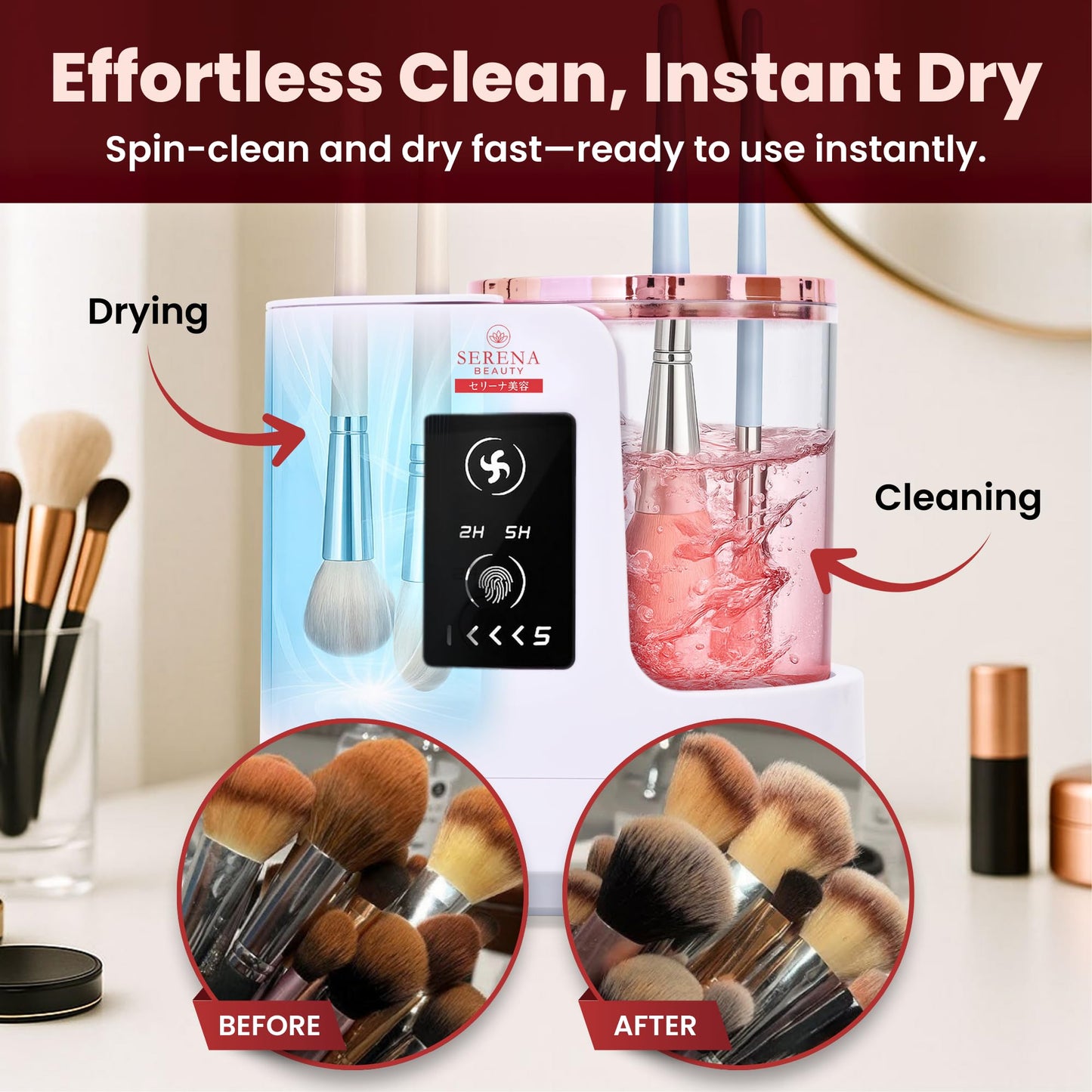 Serena Beauty 3-in-1 Electric Makeup Brush Cleaner Machine – Automatic Make up Brush Cleaner & Dryer, Portable, USB Powered, 5 Min Auto-Cycle To Clean | Dries Multiple Brushes in 2H -5H Drying Cycle.