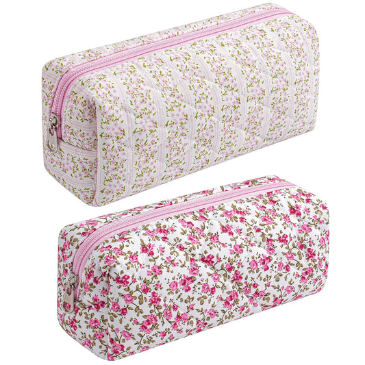 HHQQWZ Cute Floral Cotton Makeup Brush Cosmetic Bag for Women, Travel Quilted Zipper Make Up Bag, Flowers Toiletry Organizer Case Kawaii Makeup Cosmetic Travel Cloth Pouch (Pink+Red Floral)