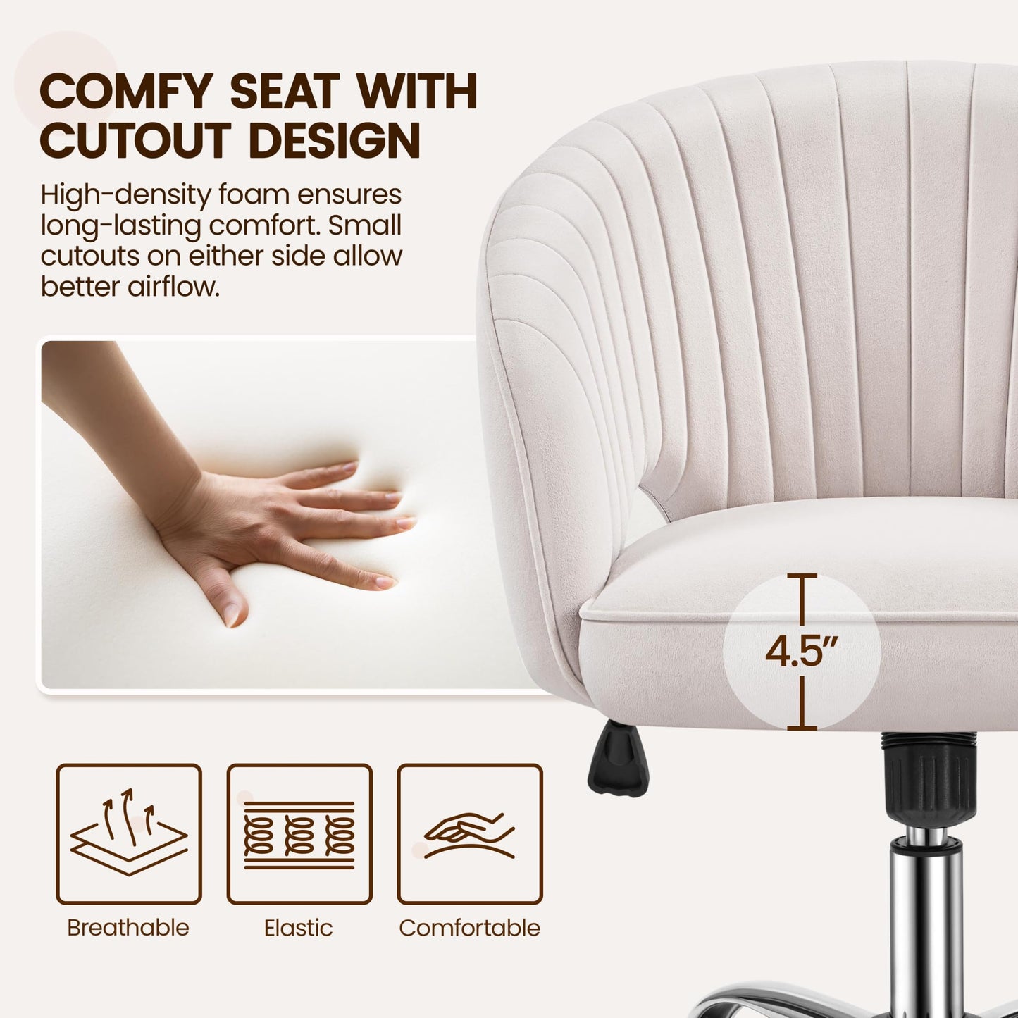 Yaheetech Cute Desk Chair Velvet Vanity Chair with Wheels Home Office Upholstered Modern Swivel Armchair with Tufted Barrel Back for Study, Vanity, Bedroom Cream