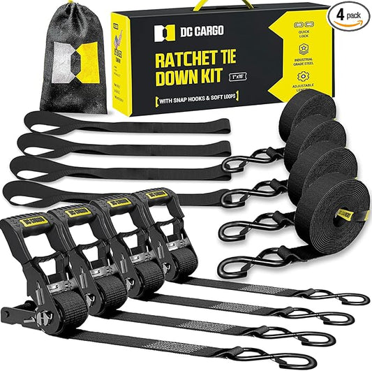 DC Cargo Mall Ratchet Straps Tie Downs 4 Pack (1,800 LB Break Strength) 1" x 15 Feet Tie Down Straps with Safety Lock S Hooks for Cargo, Trucks, Appliances, Moving.