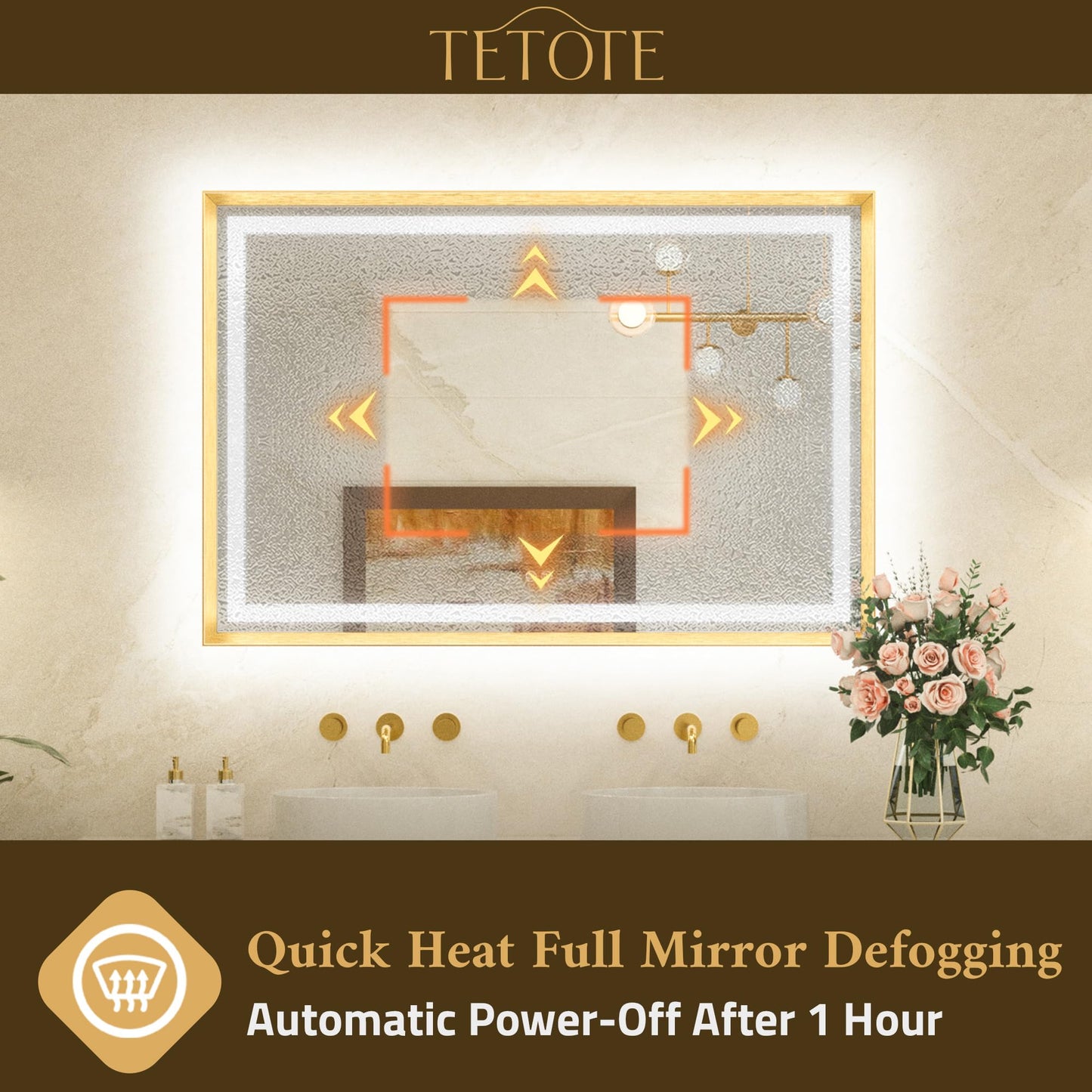 TETOTE 22 x 30 Bathroom LED Mirror Brushed Gold Metal Frame Frontlit & Backlit Vanity Mirror Anti-Fog Stepless Dimmable 3 Colors White/Warm/Natural Mirror with Lights Wall-Mounted