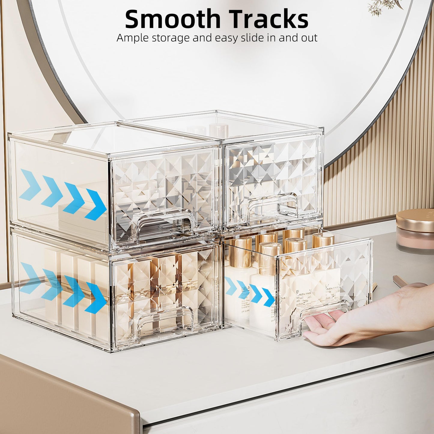 Delamu Stackable Storage Drawers, Makeup, Baby Bottle and Bathroom Cabinet Organizer, Plastic Drawer Organizer for Undersink, Cabinet, Vanity, Kitchen, Pantry, Ideal Gifts for Women, Clear, 4 Pack
