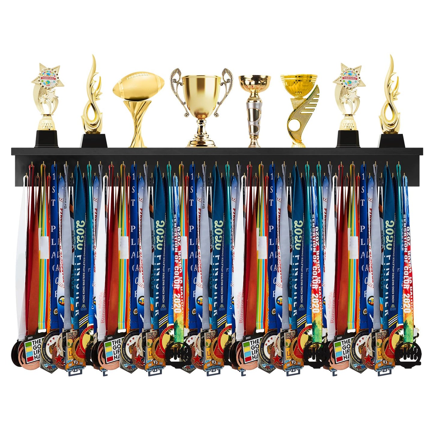 Threehoney Wooden Medal Hanger Display Trophy Holder Shelf with 25/37/49/65/83 Hooks Wall Mount Ribbon Holder Gift for Gymnastics Running Soccer Awards(4ft/47inch,Black Shelf Golden Hooks)