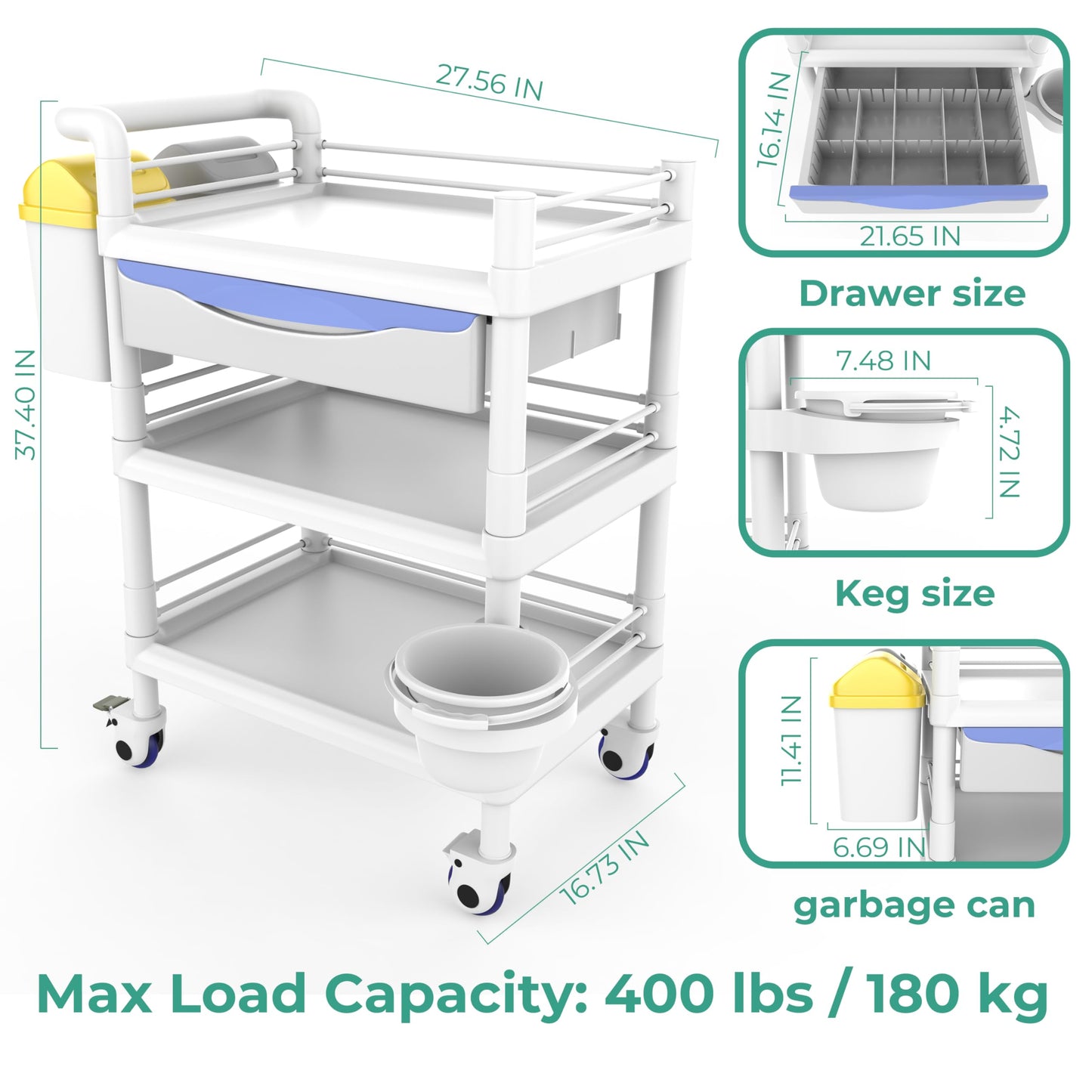Bravique 3-Tier Workstation Cart with XL Divided Drawer & 2 Flip-Top Bins, Rolling Utility Cart for Clinics, Labs, Treatment Rooms, Spa & Salon, Quiet Lockable Wheels (3-Tier White)