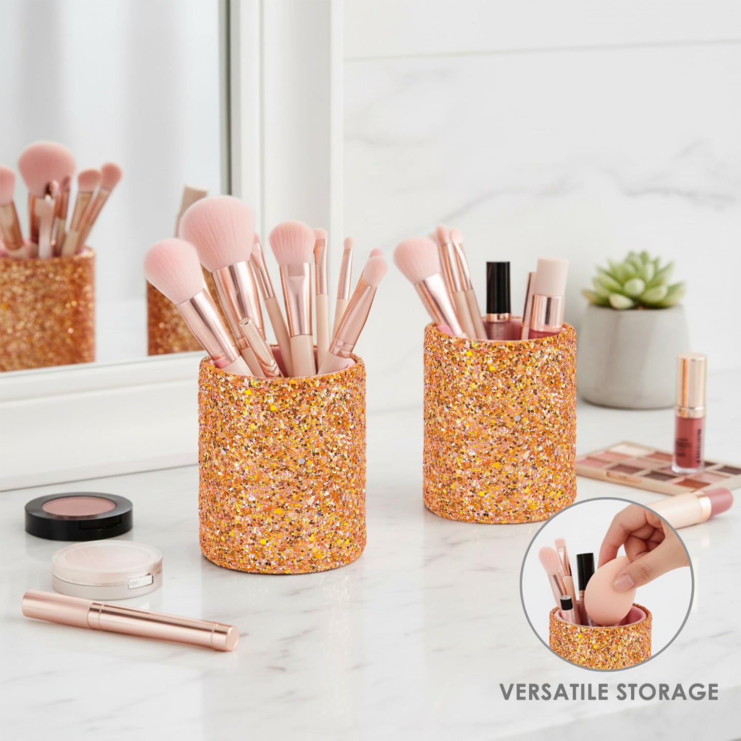 Biiange 2Pcs Pink Glitter Makeup Brush Cups – Desk or Vanity Containers for Brushes, Eyebrow Pencils, Eyeliner, Lip Tools and More (Orange)