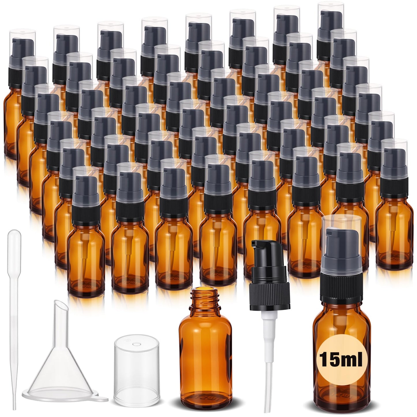 Yiyiring 50 Pcs 15ml Empty Refillable Amber Glass Pump Bottles with Clear Top, 6 Funnel, 6 Droppers, Travel Size Cosmetic Dispenser for Cream, Lotion, Sample, Liquids Aromatherapy