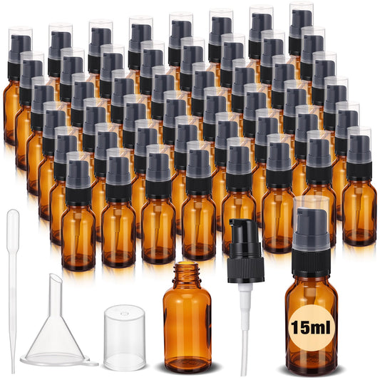 Yiyiring 50 Pcs 15ml Empty Refillable Amber Glass Pump Bottles with Clear Top, 6 Funnel, 6 Droppers, Travel Size Cosmetic Dispenser for Cream, Lotion, Sample, Liquids Aromatherapy