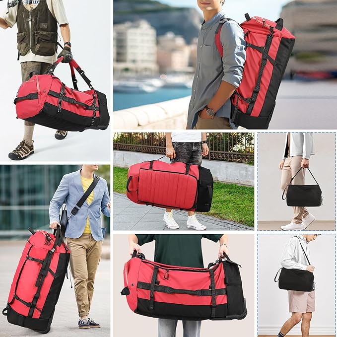 CONTAIL 86L Foldable Wheeled Duffel Backpack with Padded Quilted Bottom, Waterproof Collapsible Travel Duffle Bag with Extended Web Handles,No Telescope Handle,Red
