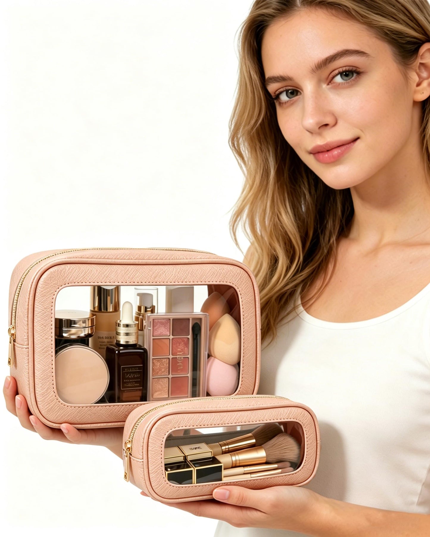 FFpaw 2Pcs Clear Makeup Bags Set - Portable Clear Cosmetic Bag Case Travel Makeup Brush Bag Waterproof Makeup Pouch TSA Approved Toiletry Bag Car Organizer Bag for Women (Dusty Pink Set)