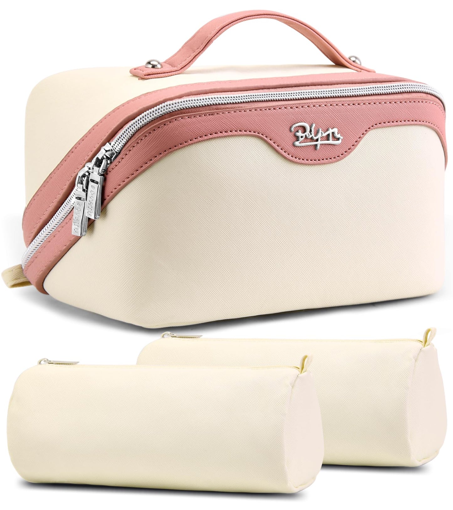 BOYATU Travel Makeup Bag Organizer Cosmetic Bag: 3 Pcs Set Make up Bags for Women with Handle - Waterproof Vegan Leather Toiletry Bags Travel Essentials Pouch with Compartments (A-08-White)