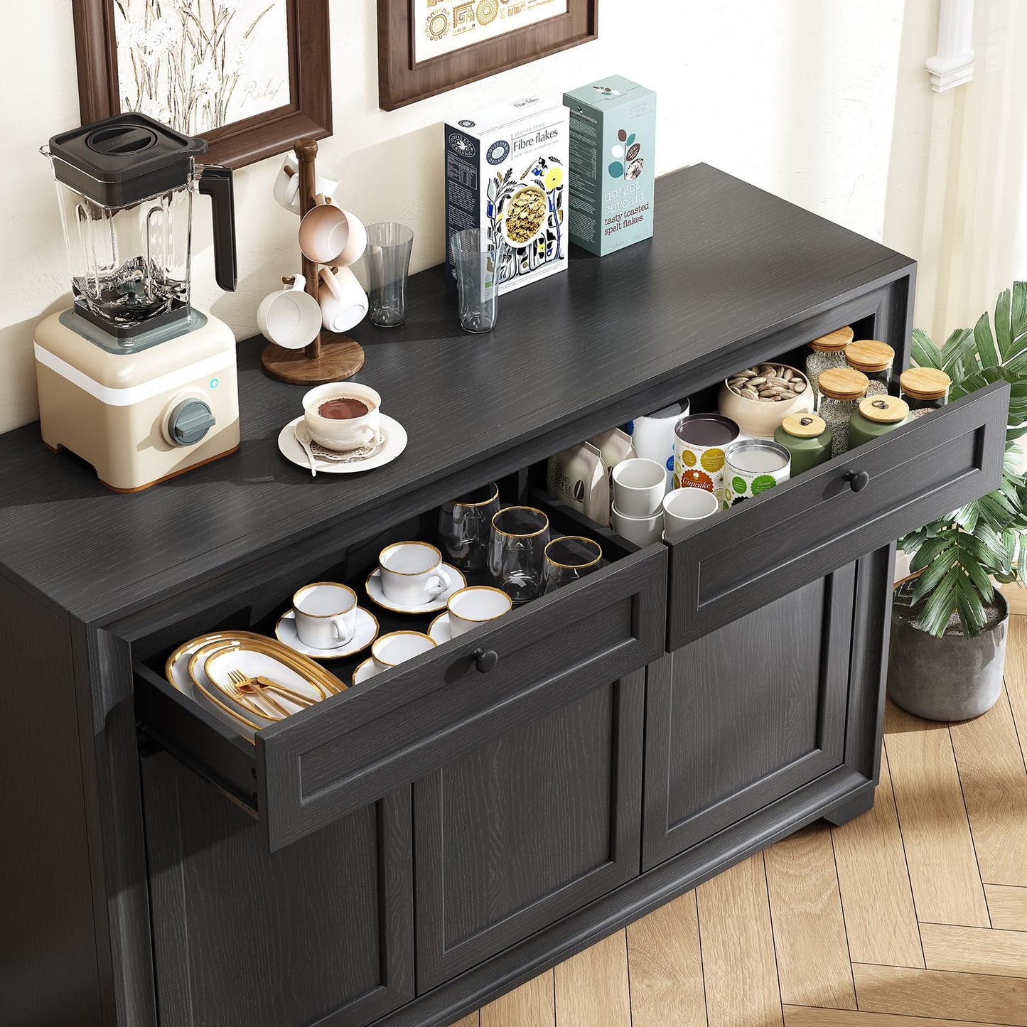 ONBRILL 48 Inches Sideboard Buffet Cabinet with Storage, Farmhouse Sideboard with 2 Drawers and 3 Doors, Wood Coffee Bar Cabinet with Adjustable Shelves for Living Room, Kitchen, Hallway, Black