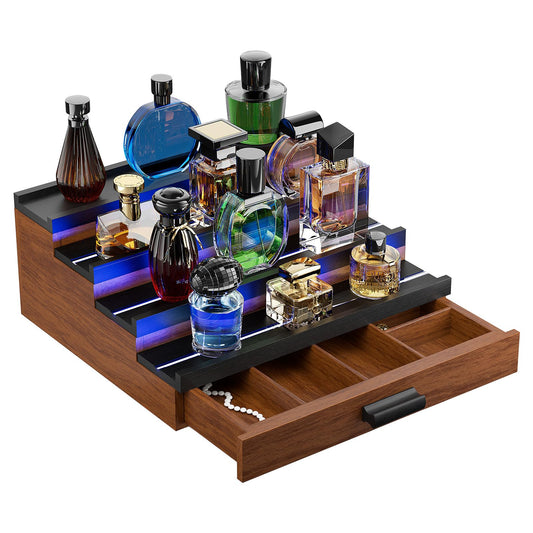 TIRYIUOU Perfume Cologne Organizer for Men: with LED Light 4 Tier Wooden Perfumes Stand, Desktop Parfum Holder Wood Display Shelf with Cabinet, Bedroom Makeup Lotion Jewelry Storage Rack with Drawer
