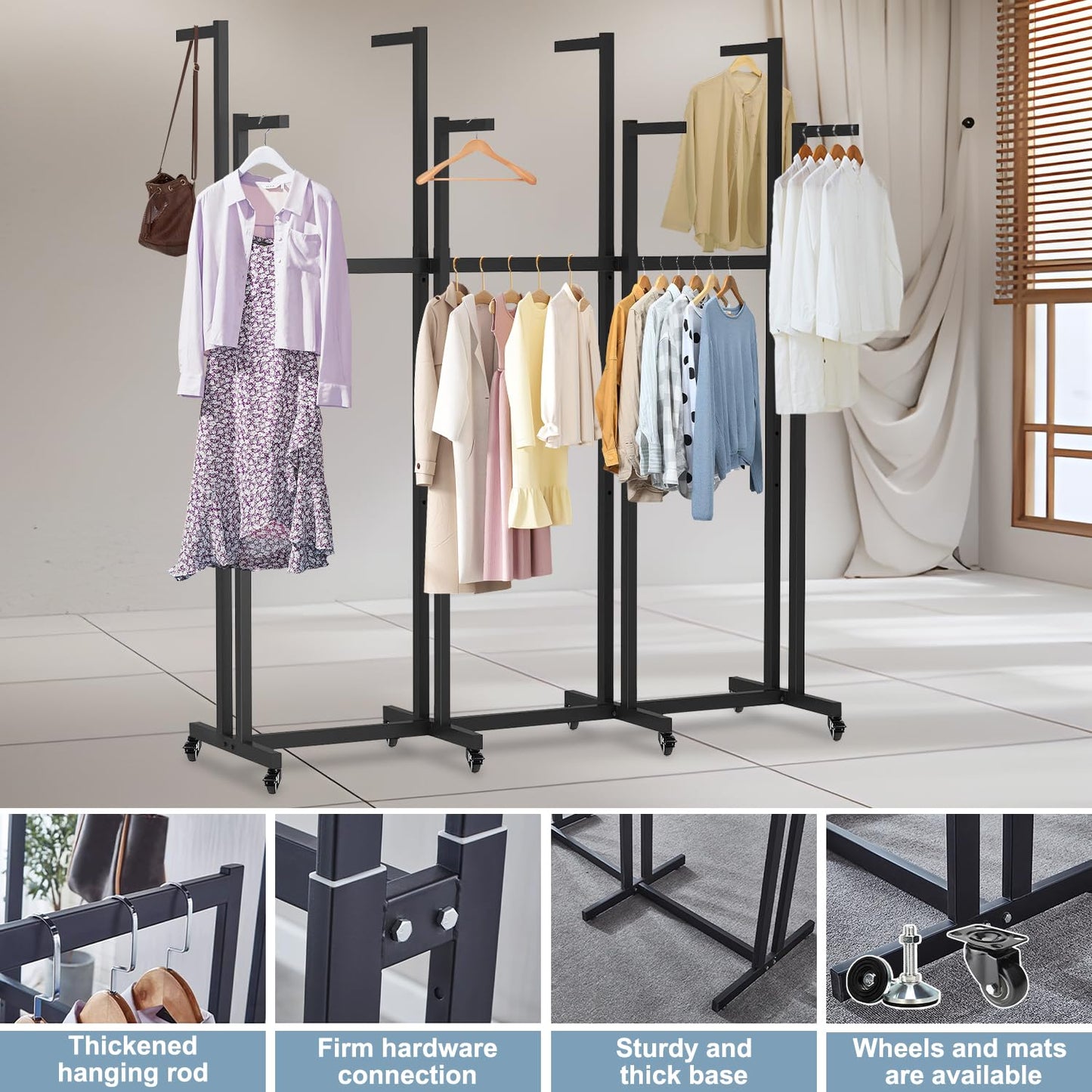 jvsufuik 8 Arm Retail Clothing Rack, Metal Clothing Display Rack for Hanging Clothes, Adjustable Height Shirt Clothes Display Stand Garment Rack with Wheels for Boutiques, Black