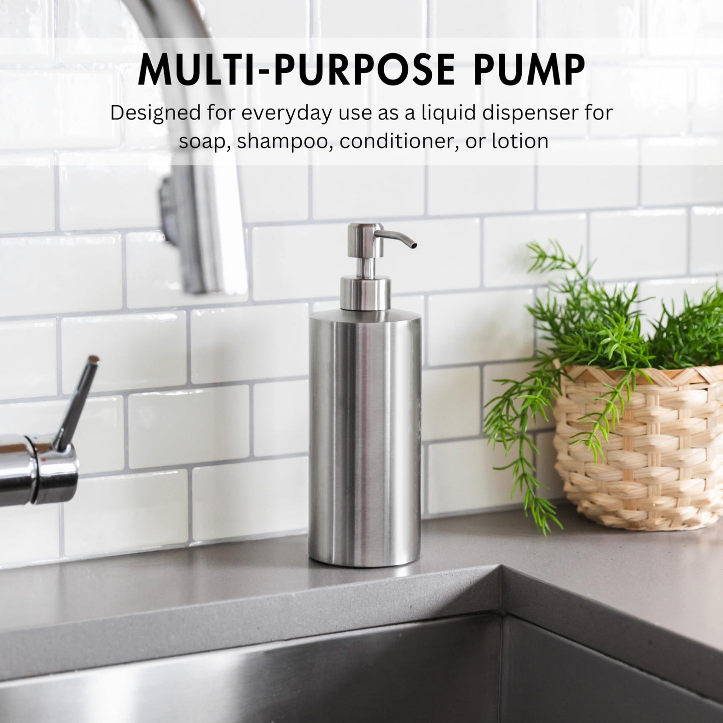 Silver Soap Dispenser for Kitchen & Bathroom – 15 oz Refillable Pump Bottle for Dish Soap, Hand Soap, Shampoo, Conditioner – Modern Countertop Dispenser with Non-Slip Protective Pads