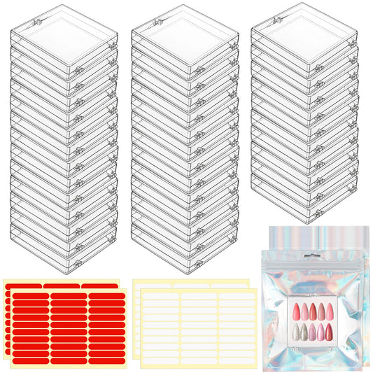 Worldity 50 Sets Nail Packaging for Press Ons, Clear Press on Nail Storage Box with Adhesive Double Sided Tape and Nails Packaging Bag, Artificial Nail Display Case for Nail Salon