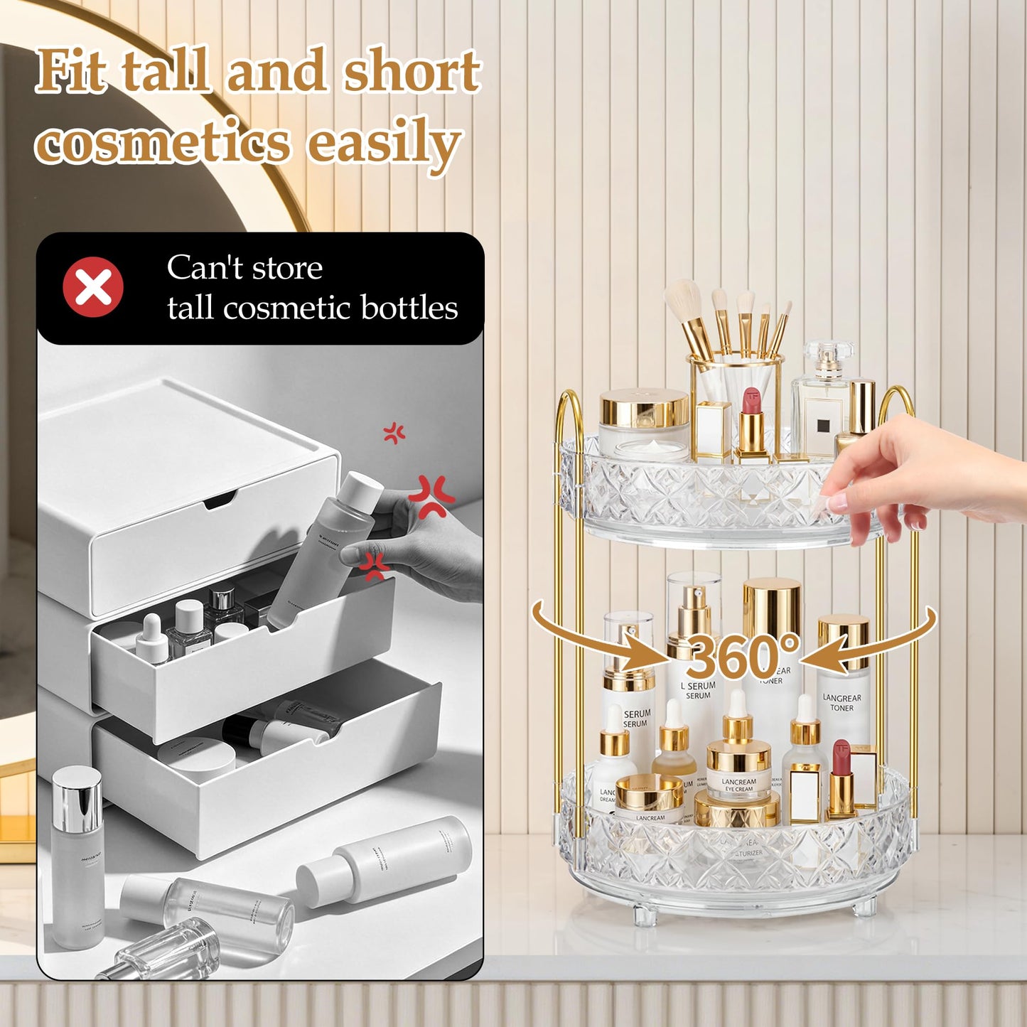LAREKUN 360 Rotating Makeup Organizer for Vanity, 2 Tier Adjustable Perfume Organizer for Dresser, Multi-Function Spinning Cosmetics Skincare Storage for Bedroom, Dresser, Countertop, Clear
