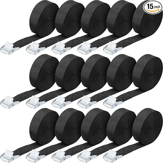 Riakrum 15 Pack 4 Feet Lashing Straps Adjustable Kayaks Tie Down Cam Buckle Straps with Buckles up to 250lbs for Cargo, Luggage, Motorcycles, Truck, Car Roof Rack, Sup Surfboard(Black)