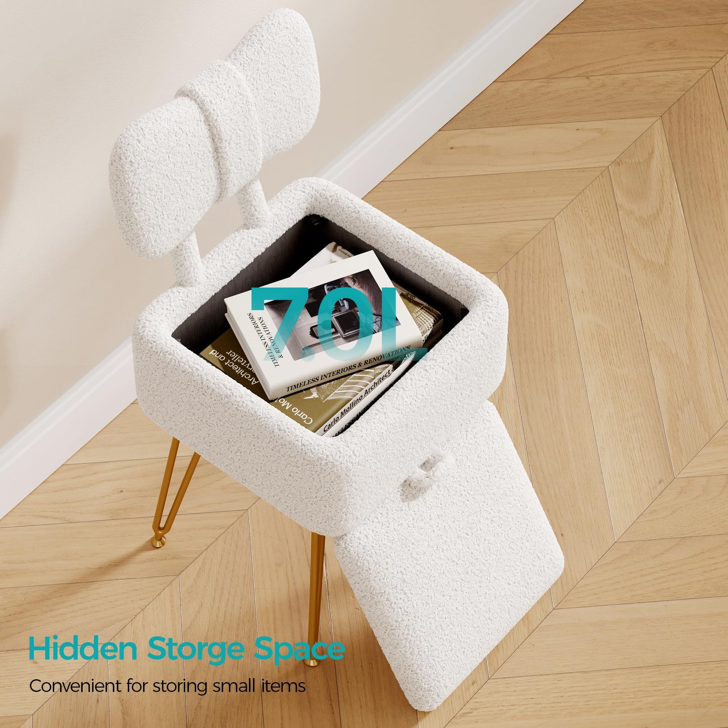 SENGALOTI Small Vanity Stool Chair with Storage and Foldable Back, White