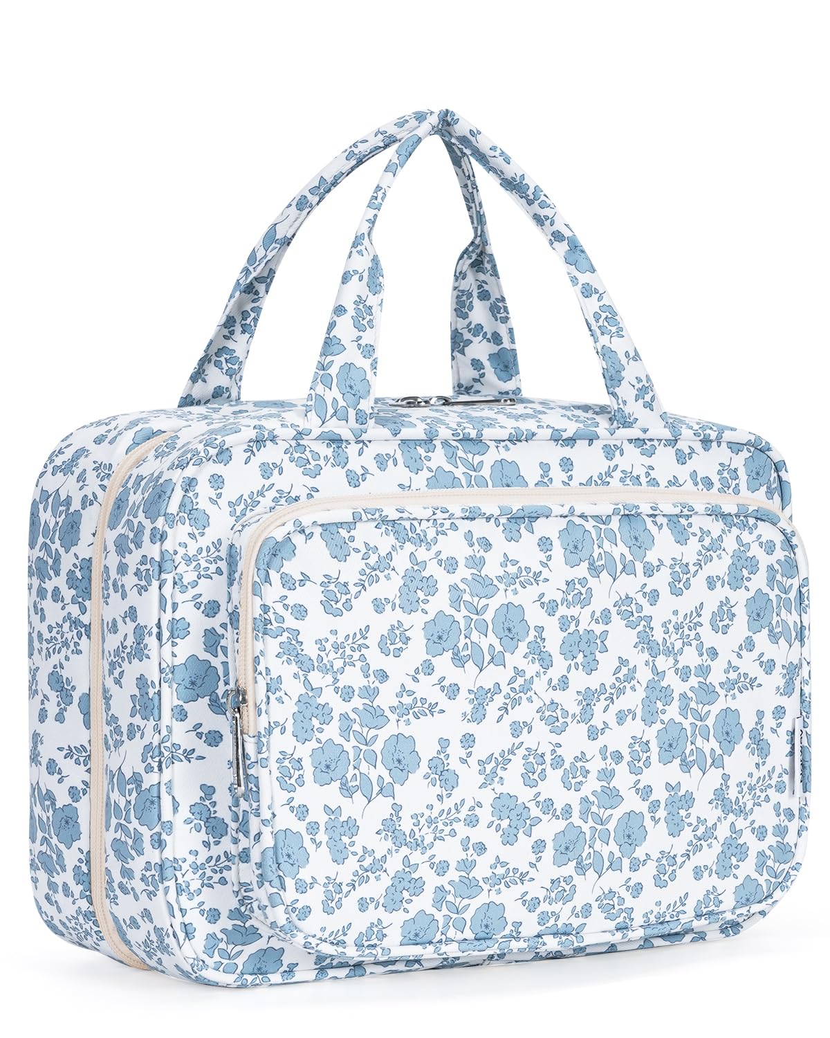 Narwey Travel Toiletry Bag for Women Large Hanging Makeup Bag Organizer Toiletries Bag for Full Size Essentials Accessories Cosmetics (Blue Flower (Large))