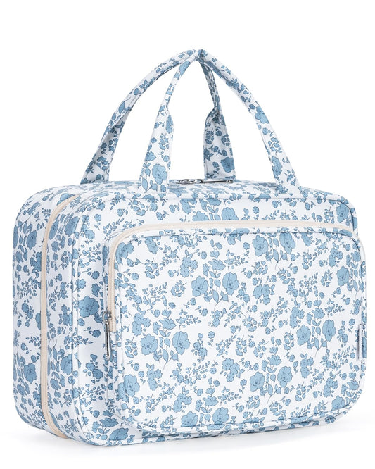 Narwey Travel Toiletry Bag for Women Large Hanging Makeup Bag Organizer Toiletries Bag for Full Size Essentials Accessories Cosmetics (Blue Flower (Large))