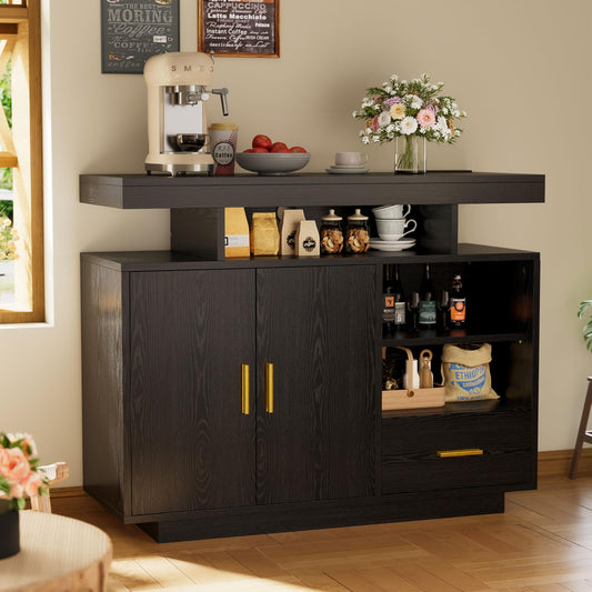 IRONCK Buffet Cabinet, Sideboard Cabinet with Power Outlet and LED Light, Modern Storage Cabinet with Drawer and Shelves, Black