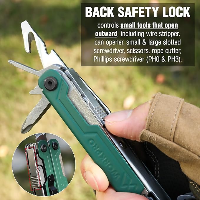 WORKPRO 18-in-1 Multi Tool Pliers, Gifts for Men, Stainless Steel EDC Multitool with Pocket Knife, 2 Safety Locks, Belt Clip and Oxford Pouch, Utility Multiuse Tool for Camping