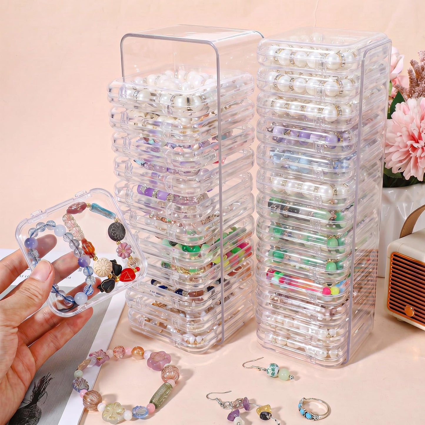 Giloaou 2 Pack Acrylic Jewelry Organizer Box with 24 Portable Small Cases – Clear Storage Tray for Bracelet, Crystal, Ring & Earring Containers, Open Design (Boxes Hold Small Cases)