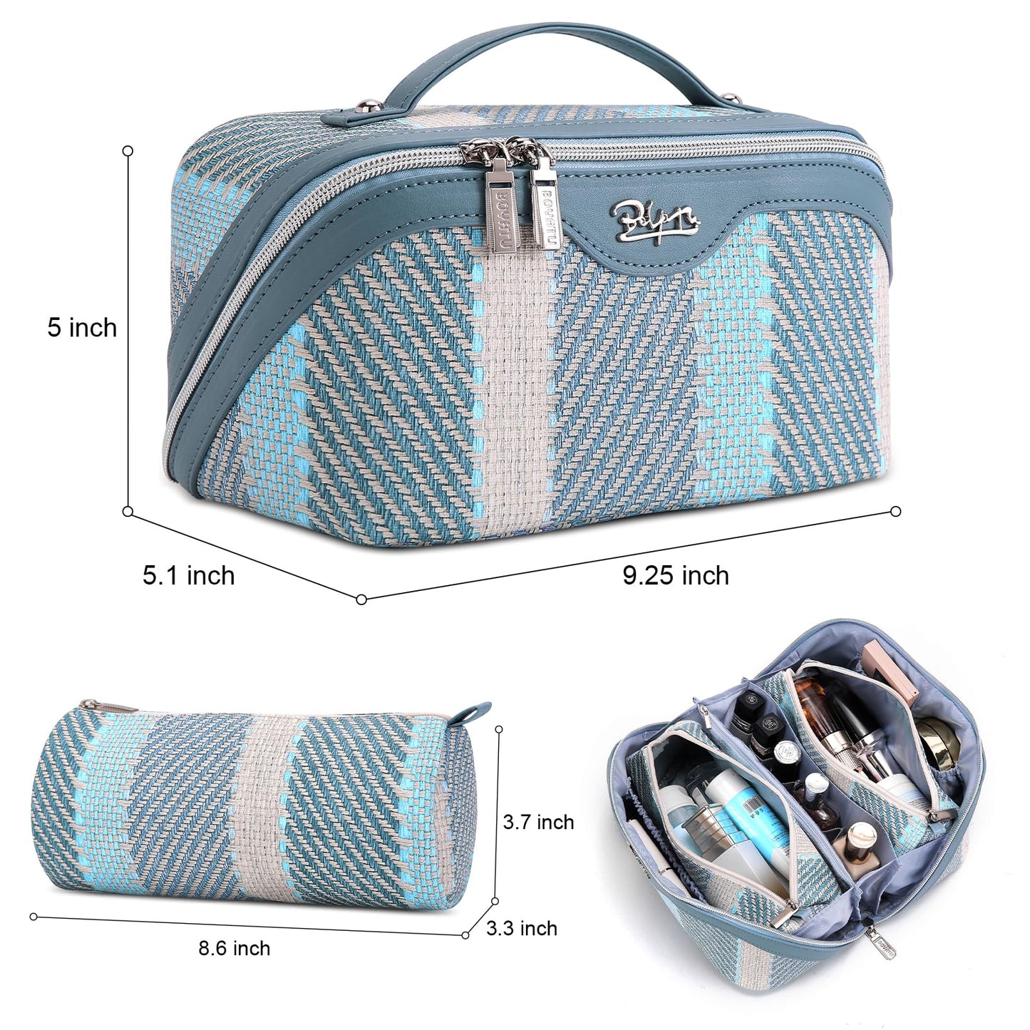 BOYATU Travel Makeup Bag Cosmetic Bag for Women: 3 Pcs Set Make up Bag with Compartments - Waterproof Vegan Leather Toiletry Bags with Handle - Makeup Organizer for Travel Essentials(C-1-Blue)