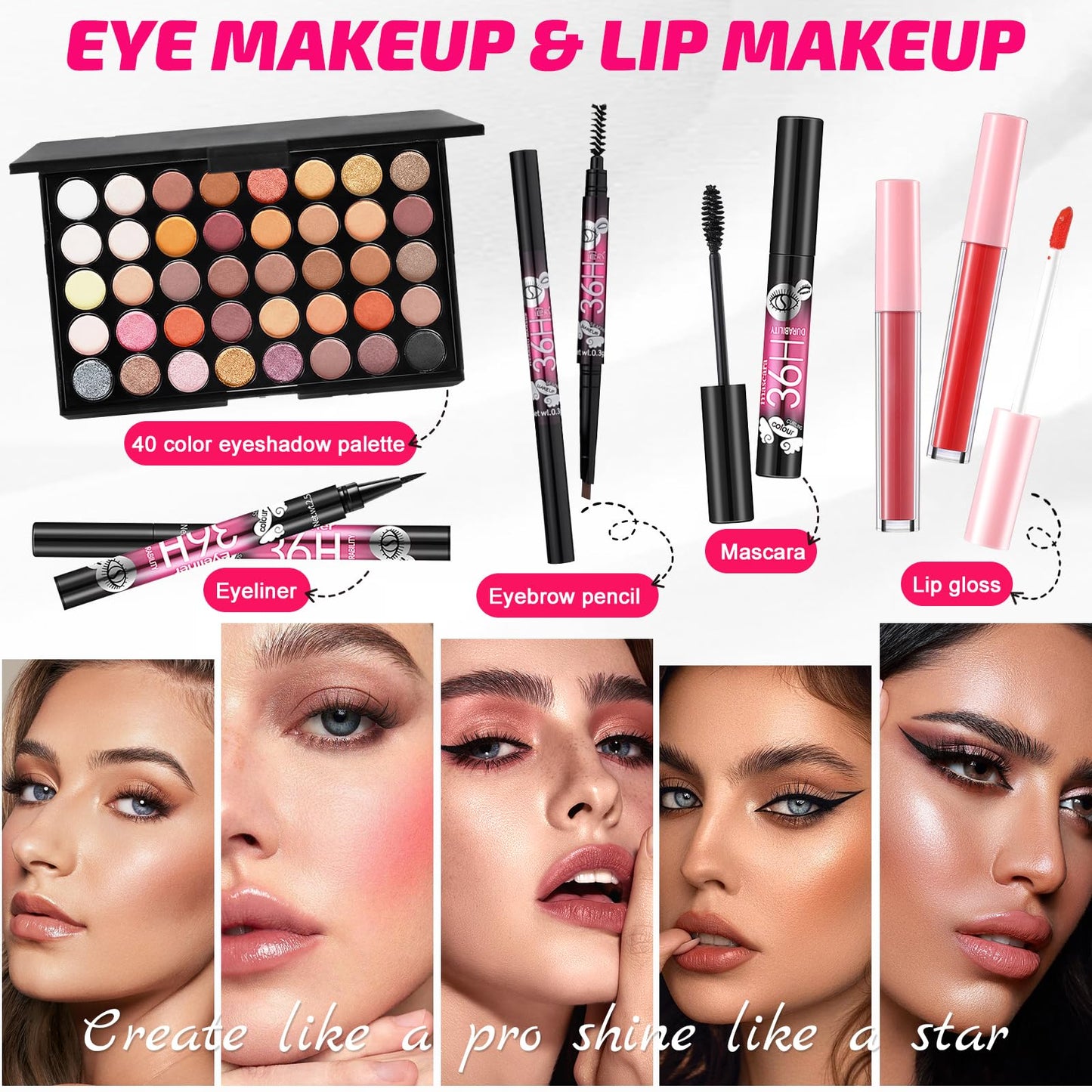 All in One Makeup Kit for Women Full Kit, Make Up Gift Set for Women Teen Girls, Makeup Essential Bundle with Eyeshadow Palette Foundation Blush Lipgloss Eyeliner Mascara Eyebrow Pencil Cosmetic Bag