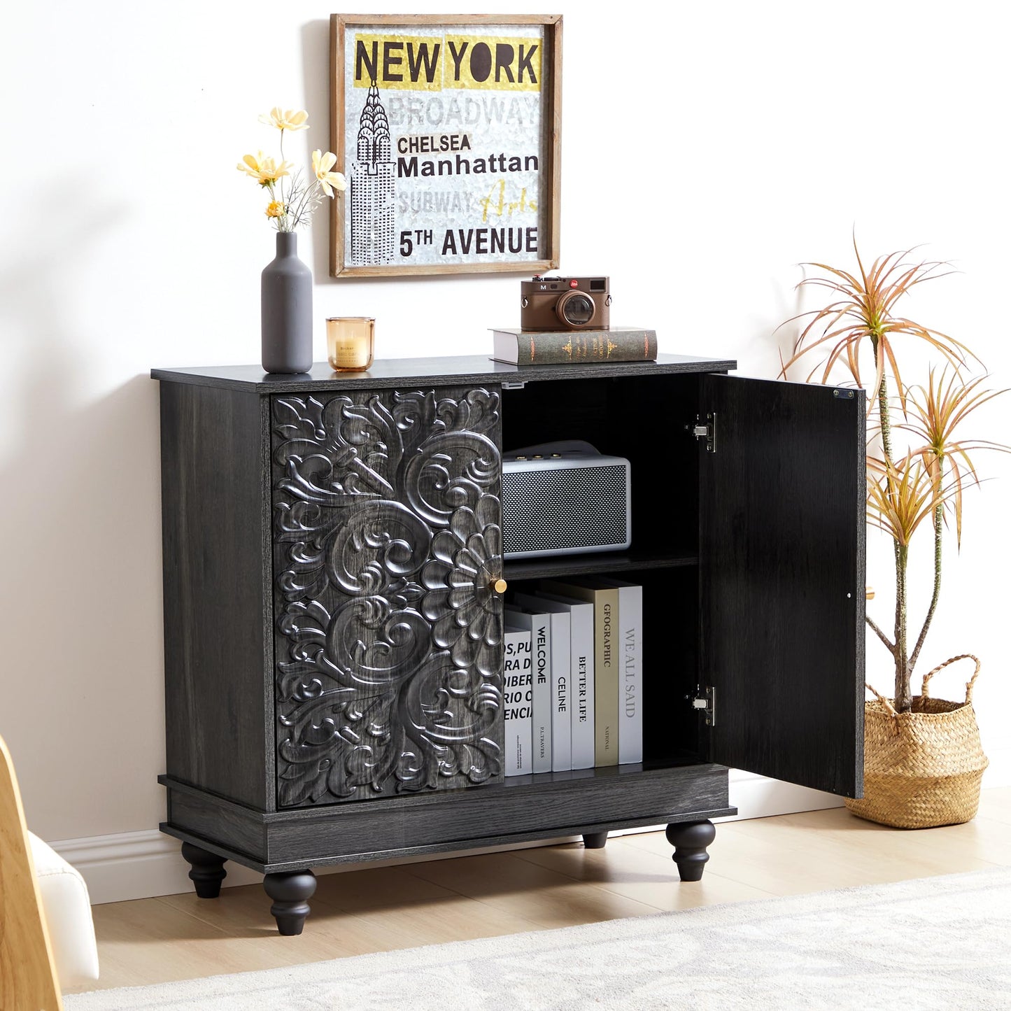 weselon Accent Cabinet Set of 2, Classic Carved Buffet Cabinet Storage Sideboard with Adjustable Shelves, Entryway Table for Living Room (Antique Black-Brown)