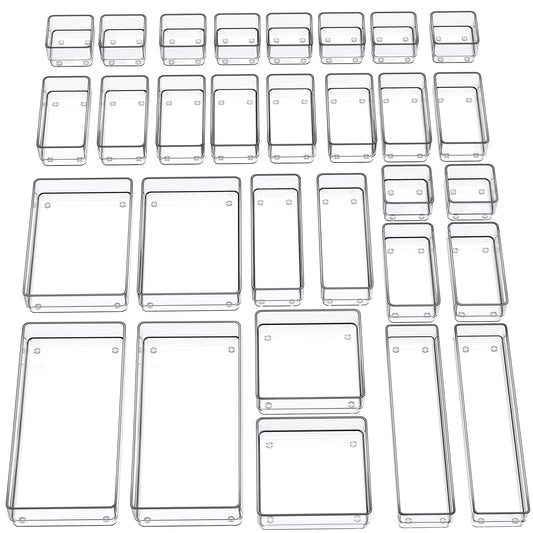 SMARTAKE 30-Piece Drawer Organizer with Non-Slip Silicone Pads, 7-Size Desk Drawer Organizer Trays Storage Tray for Makeup, Jewelries, Utensils in Bedroom Dresser, Office and Kitchen (Clear)
