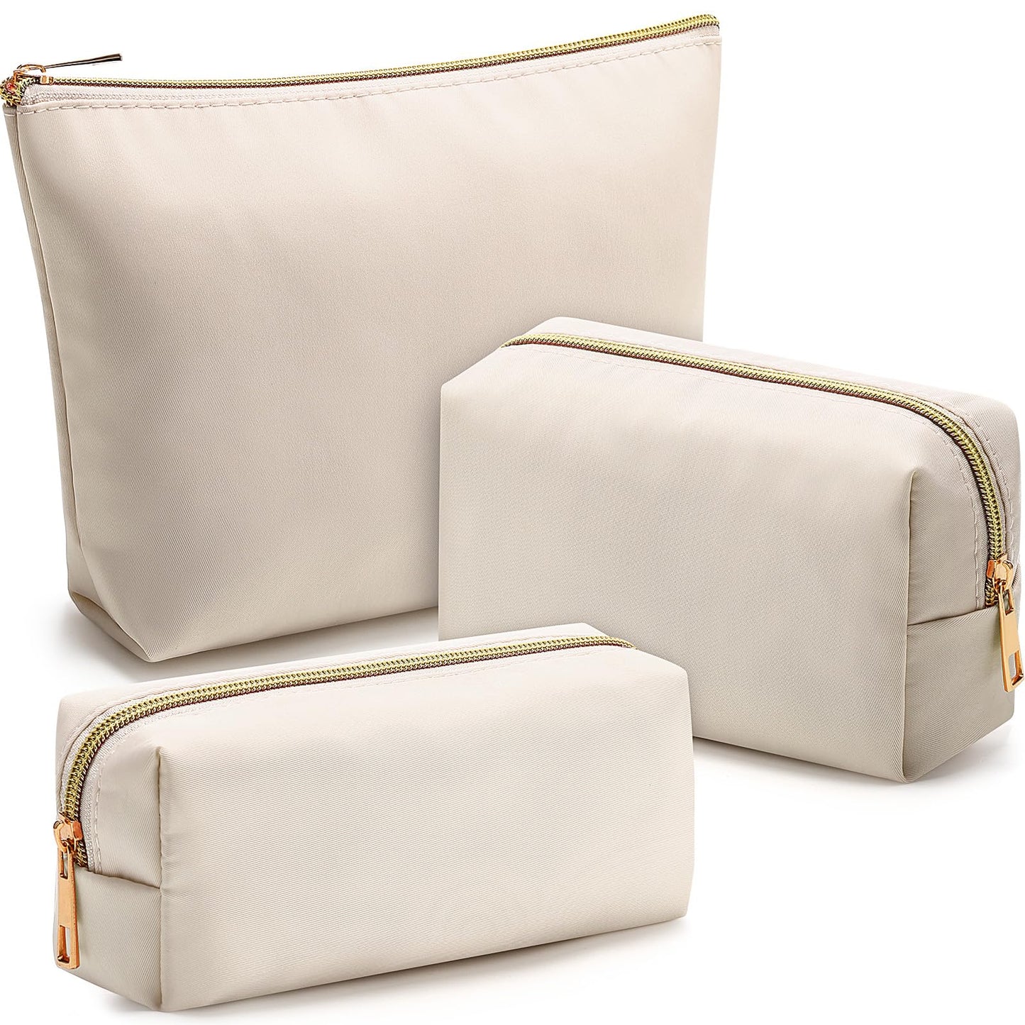 Kigeli 3 Pcs Nylon Makeup Bag Set for Women Aesthetic Cosmetic Bag with Interior Pocketes Preppy Cute Purse Pouch Makeup Brushes Storage Organizer for Travel(Beige)