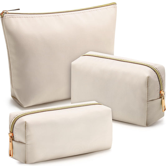 Kigeli 3 Pcs Nylon Makeup Bag Set for Women Aesthetic Cosmetic Bag with Interior Pocketes Preppy Cute Purse Pouch Makeup Brushes Storage Organizer for Travel(Beige)